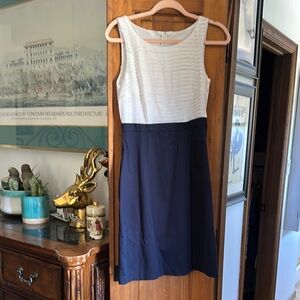 H&M White and Blue Sheath Midi Dress Sleeveless Scoop Neck